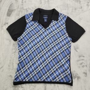 Vintage 90s IZOD Sweater Womens M Blue Plaid Short Sleeve Collared Golf Polo